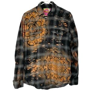 Boho Flannel Shirt Womens Size Medium Unisex Handmade Mandala Floral Plaid Black